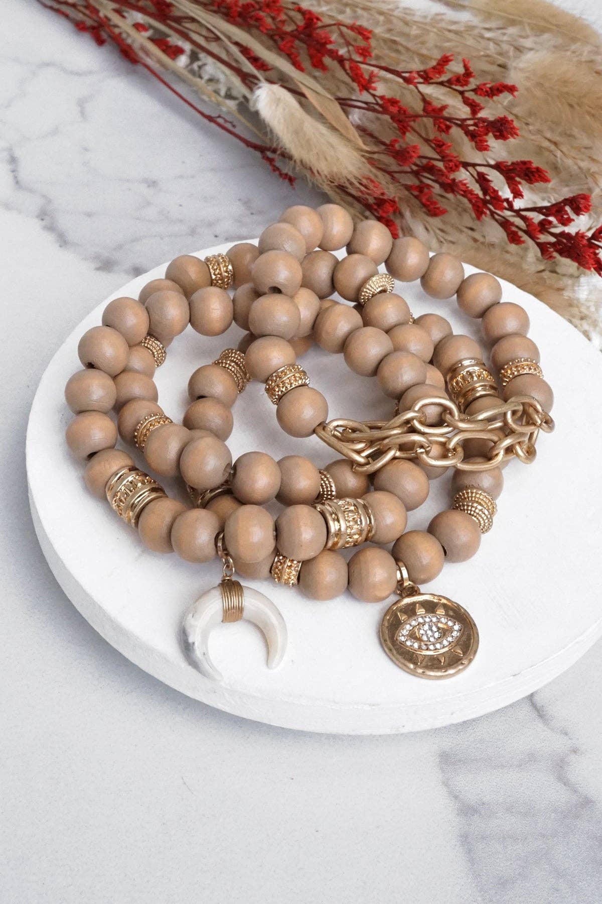 Beaded Boho Bracelets set of 4 with Gold Coin Neutral wooden Beads and Metal chain