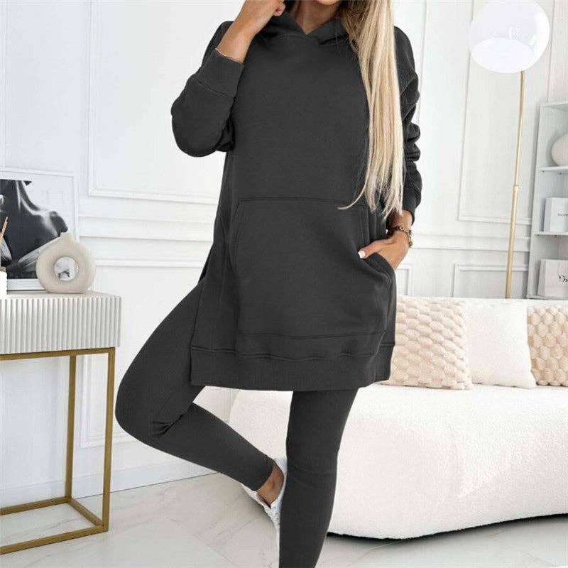 Solid Color Hoodie And Ribbed Leggings Two-Piece Set
