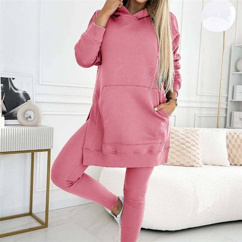 Solid Color Hoodie And Ribbed Leggings Two-Piece Set
