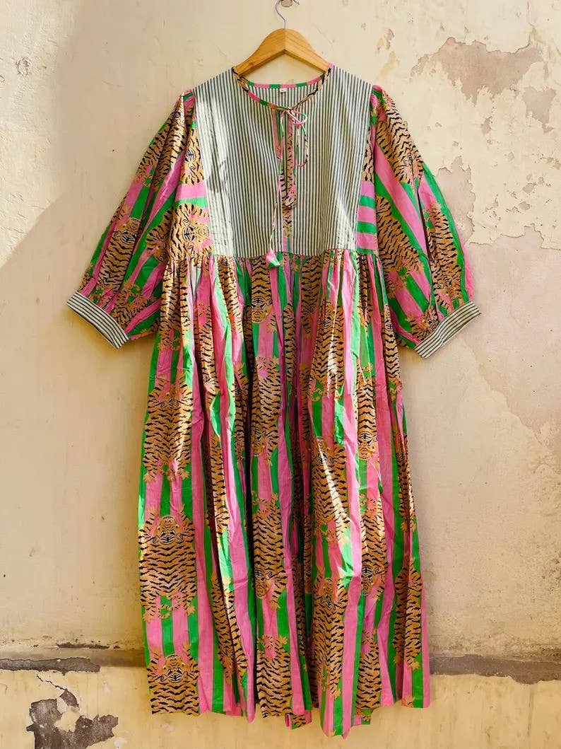 Tiger Print Long Block Print Dress Stripe Prints Neck Line
