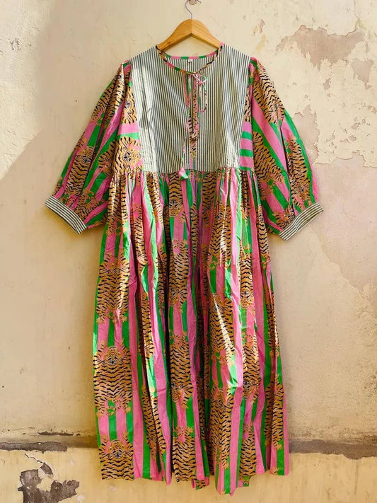 Tiger Print Long Block Print Dress Stripe Prints Neck Line