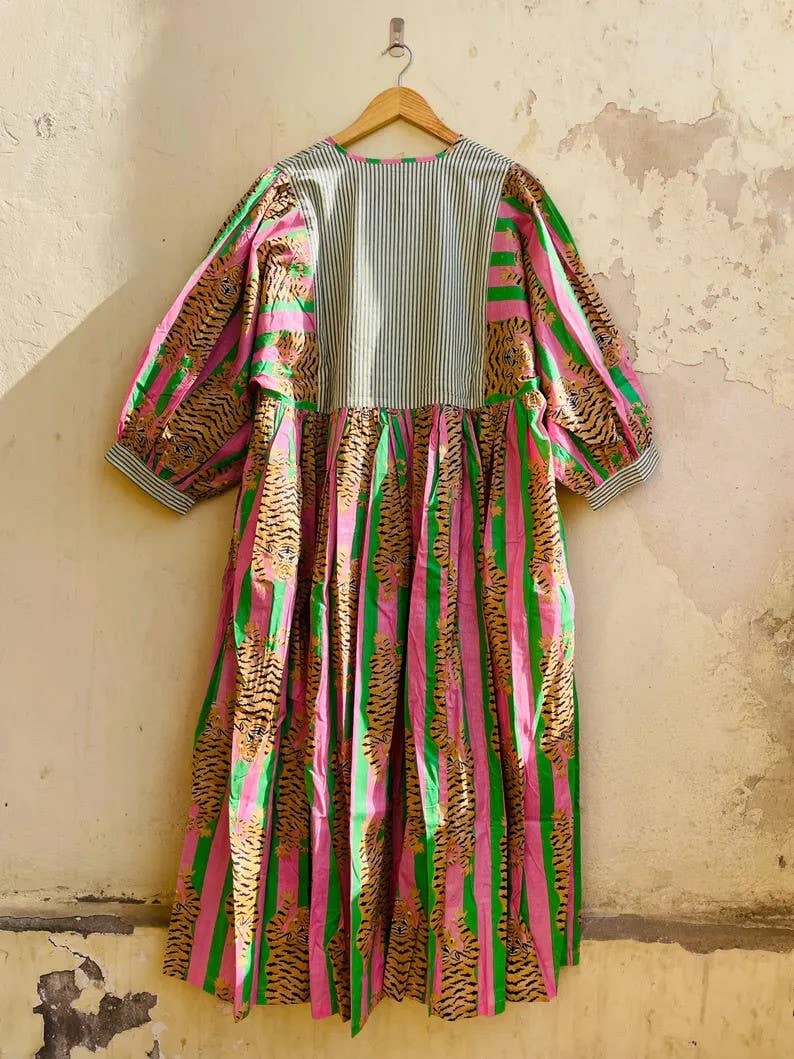 Tiger Print Long Block Print Dress Stripe Prints Neck Line