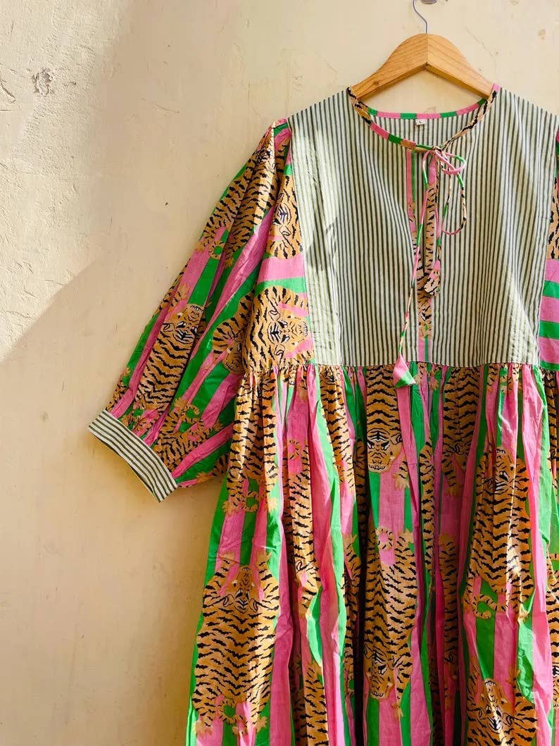 Tiger Print Long Block Print Dress Stripe Prints Neck Line